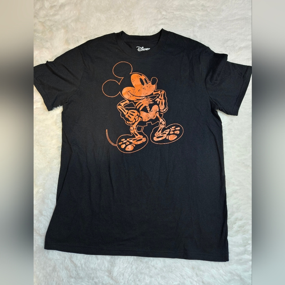 Disney Women Mickey Mouse Glow in the Dark Skeleton High Low Blk Tee Halloween L